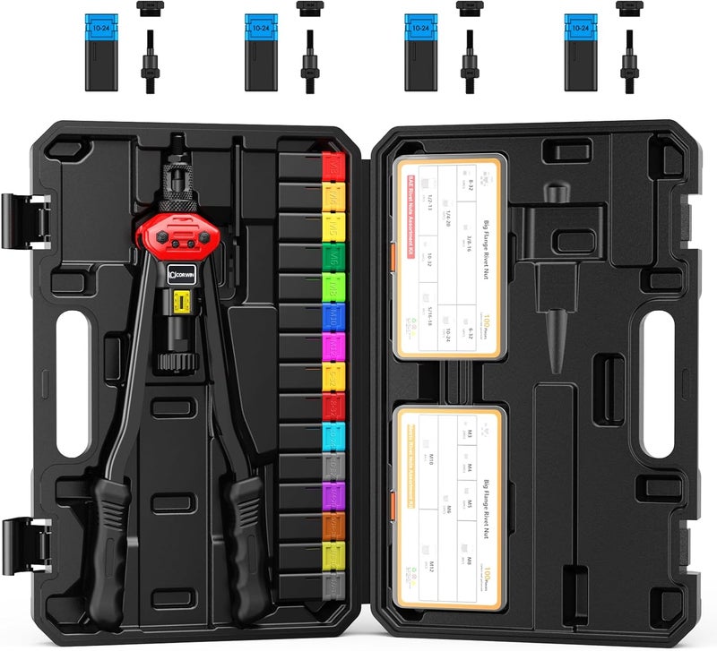 CORWIN Store 16" Rivet Nut Gun with Stroke Adjustment - 19mandrels: 15 Metric and SAE Mandrels (M3-M12 & to 1/2") + 4 Pieces #10-24 Mandrels - 200 Threaded Nuts (100 Each) in Storage Boxes - Image 1